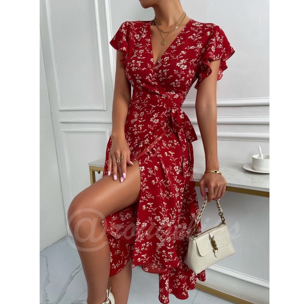 Boho Red Floral V neck Ruffle Hem Midi Dress Wrap Style Short Butterfly Sleeve